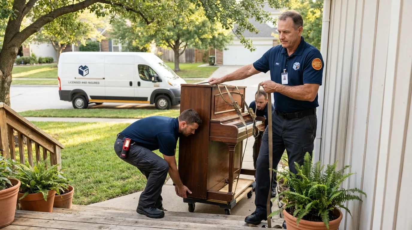 Licensed piano movers securing grand piano in Johnston, SC
