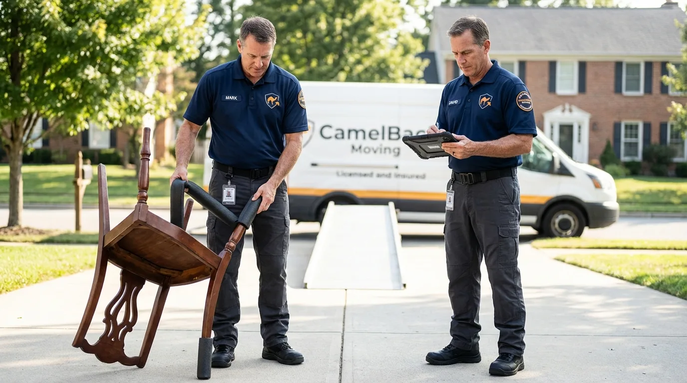 Movers inspecting furniture for damage prevention before loading in Johnston, SC